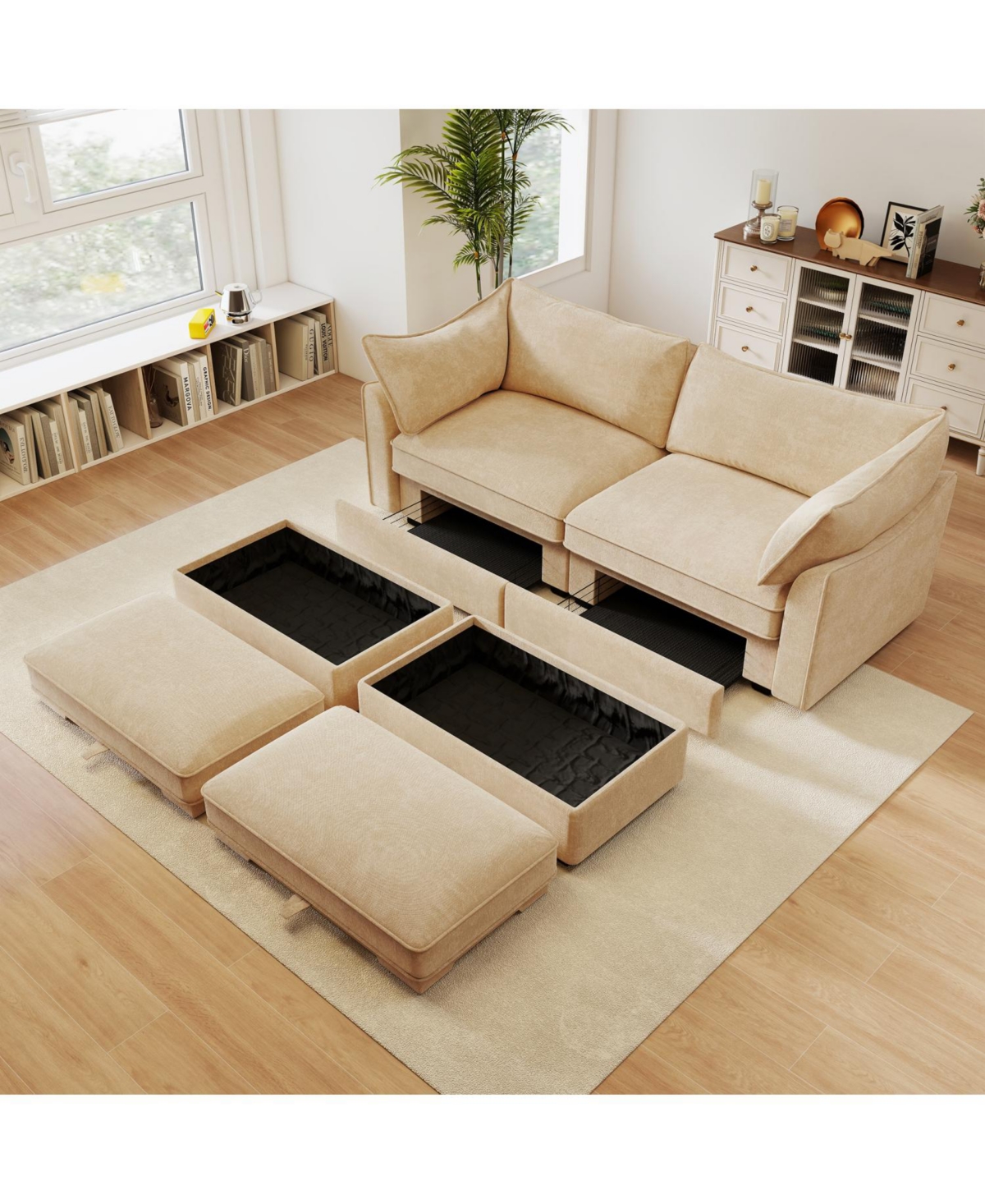 Streamdale Furniture Chenille 2-Seater Sofa with Storage & Footstools - Wheat