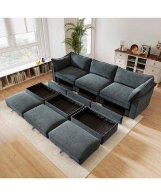  3-Seat Sofa w/ Ottomans & Storage - Chenille Gray