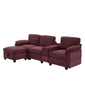 L-Shape Corduroy Sofa- 4-Seater, USB, Storage, Console & Ottoman