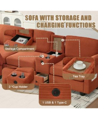 L-Shape Corduroy Sofa- 4-Seater, USB, Storage, Console & Ottoman