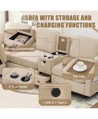  L-Shape Corduroy Sofa- 4-Seater, USB, Storage, Console & Ottoman