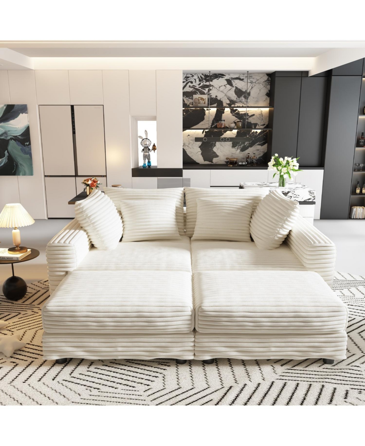 Streamdale Plush Corduroy 4-Seat Sofa with Ottomans - Beige