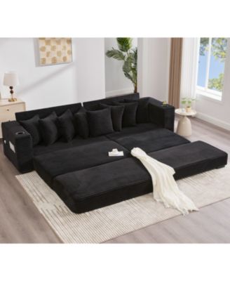 Corduroy L-Shaped Sectional Sofa Bed with Ottoman, Pillows & Cup Holders - Black