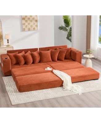 Corduroy L-Shaped Sectional Sofa Bed w/ Footstool, Pillows & Cup Holders