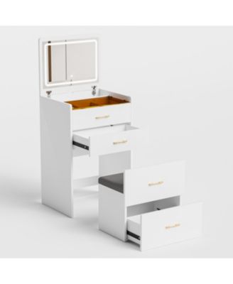 3-in-1 Vanity Desk with Mirror, Glass Top, Drawers & Stool