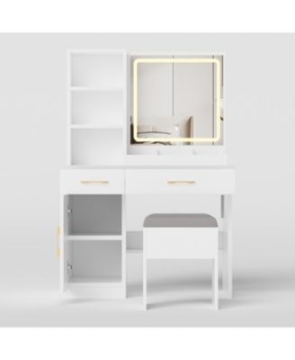 Vanity Desk with Lighted Mirror, Power Outlet & Storage