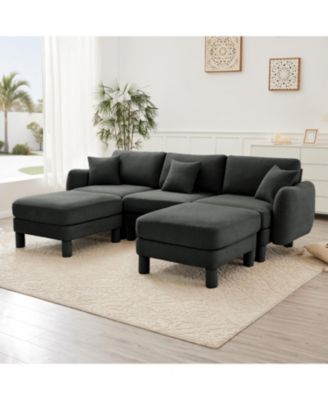  Boucle U-Shape Sectional Sofa with Ottomans & Shell Armrests, Dark Grey