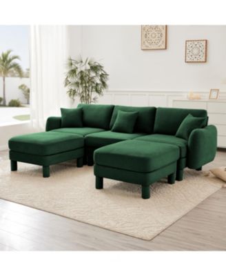 Boucle U-Shape Sectional Sofa with Ottomans, Shell Armrests, Green