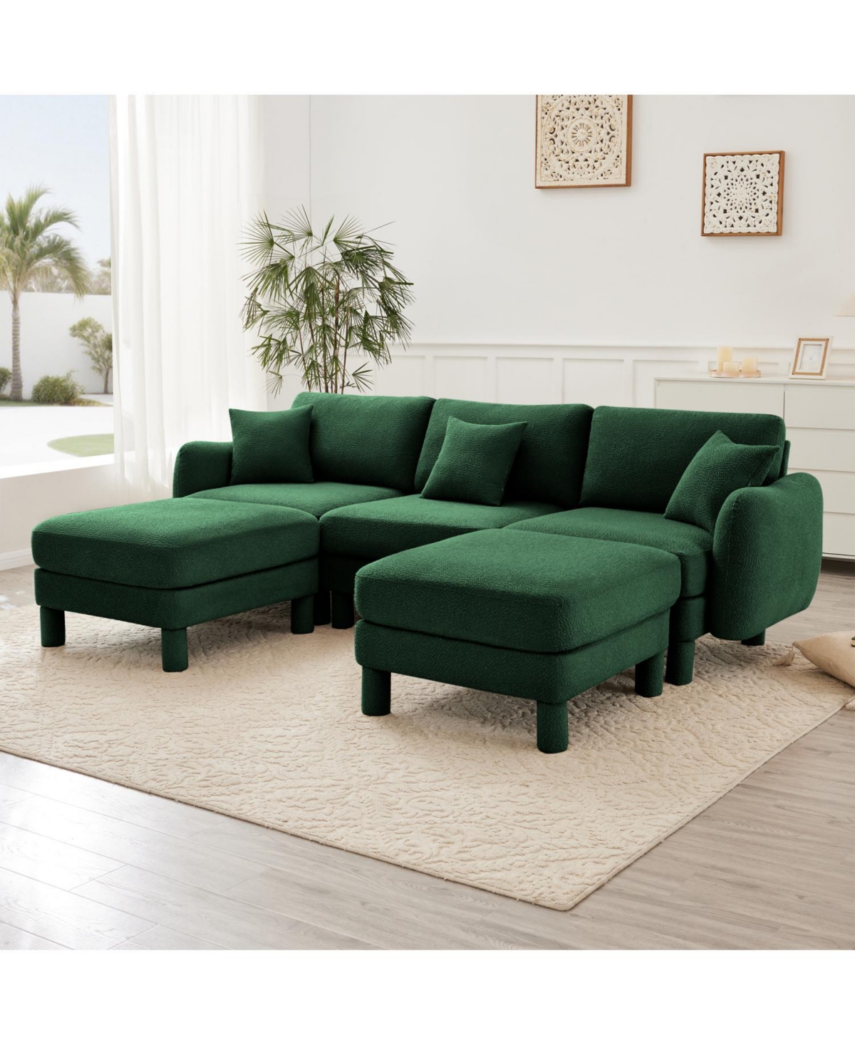 Streamdale Furniture Boucle U-Shape Sectional Sofa with Ottomans, Shell Armrests, Green