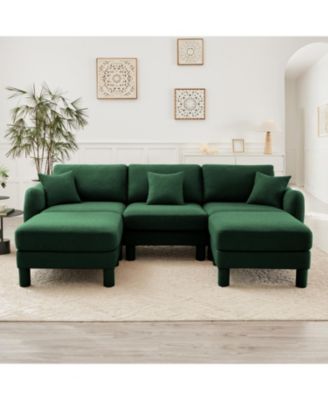 Boucle U-Shape Sectional Sofa with Ottomans, Shell Armrests, Green
