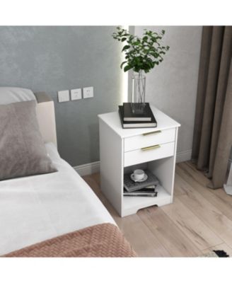 White Nightstand with 2 Drawers & Golden Handle