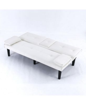 67" White PVC Sofa Bed - Foldable with Cup Holder