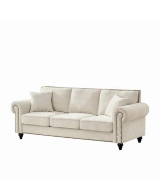 86" Modern 3-Seater Chenille Sofa with Rolled Arms & Nailhead Trim - Beige