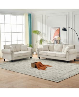  63" Modern Chenille Sofa - Rolled Arms, Nailhead Trim - Beige
