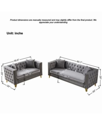 Chesterfield Velvet Sofa, 3+2-Seater, Button Nailhead, Grey