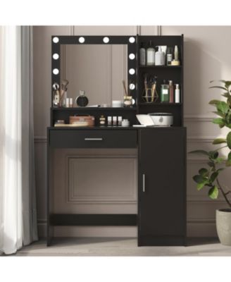 Vanity Desk with Lighted Mirror, Drawer & 3-Tier Storage, Adjustable Brightness