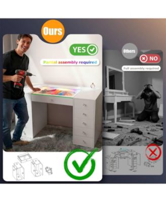 51.2" RGB LED Vanity Desk, Modern Glass Top Makeup Table with 11 Drawers