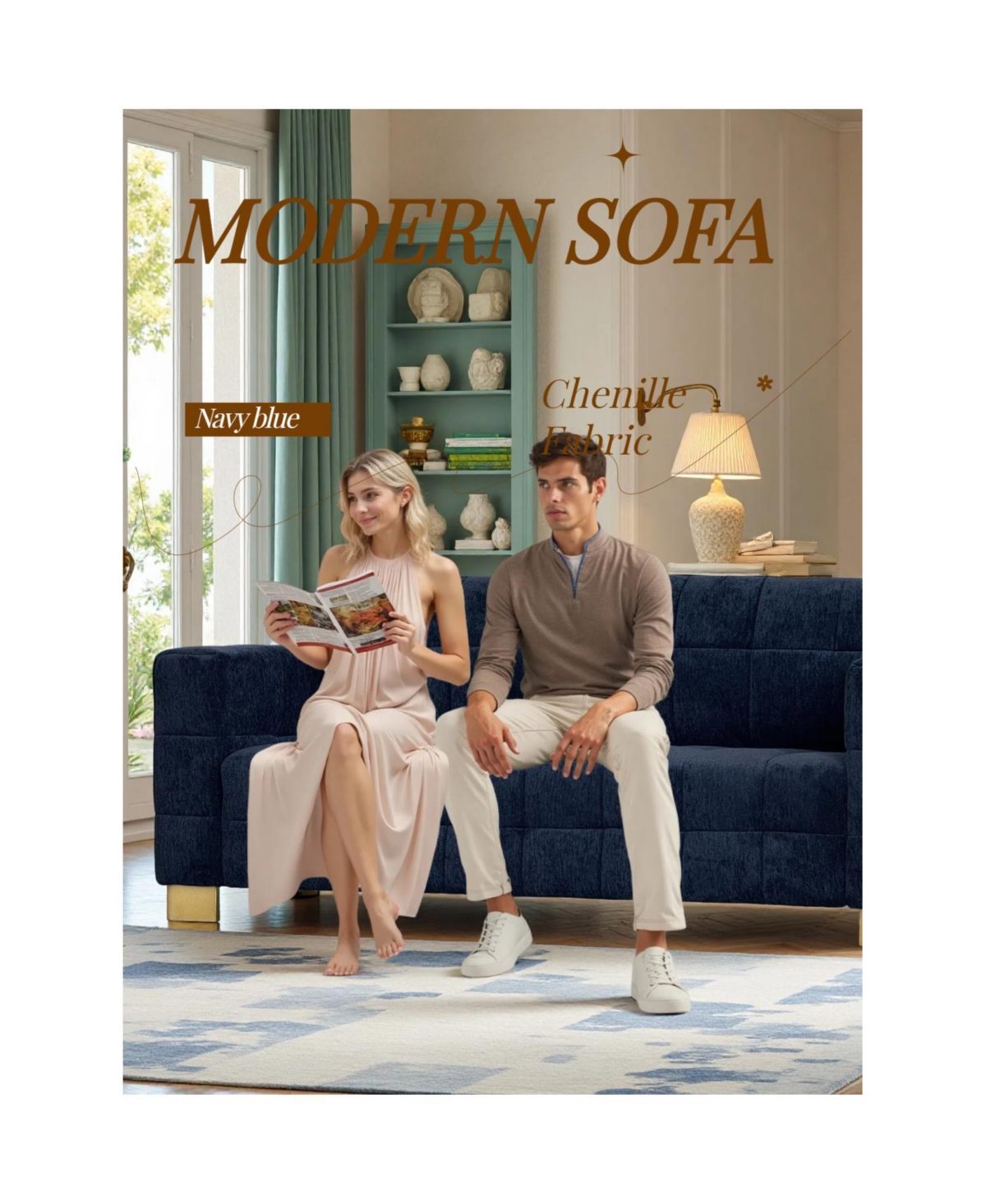 Streamdale Furniture Chenille Box-Tufted Sofa with Stainless Steel Legs