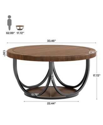 Round Coffee Table with 2 Tiers, 33.5" Wooden Circle Accent Cocktail Table, Industrial Center Tables