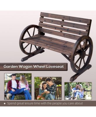 Wooden Wagon Wheel Bench, 2-Person W/ Slatted Seat,