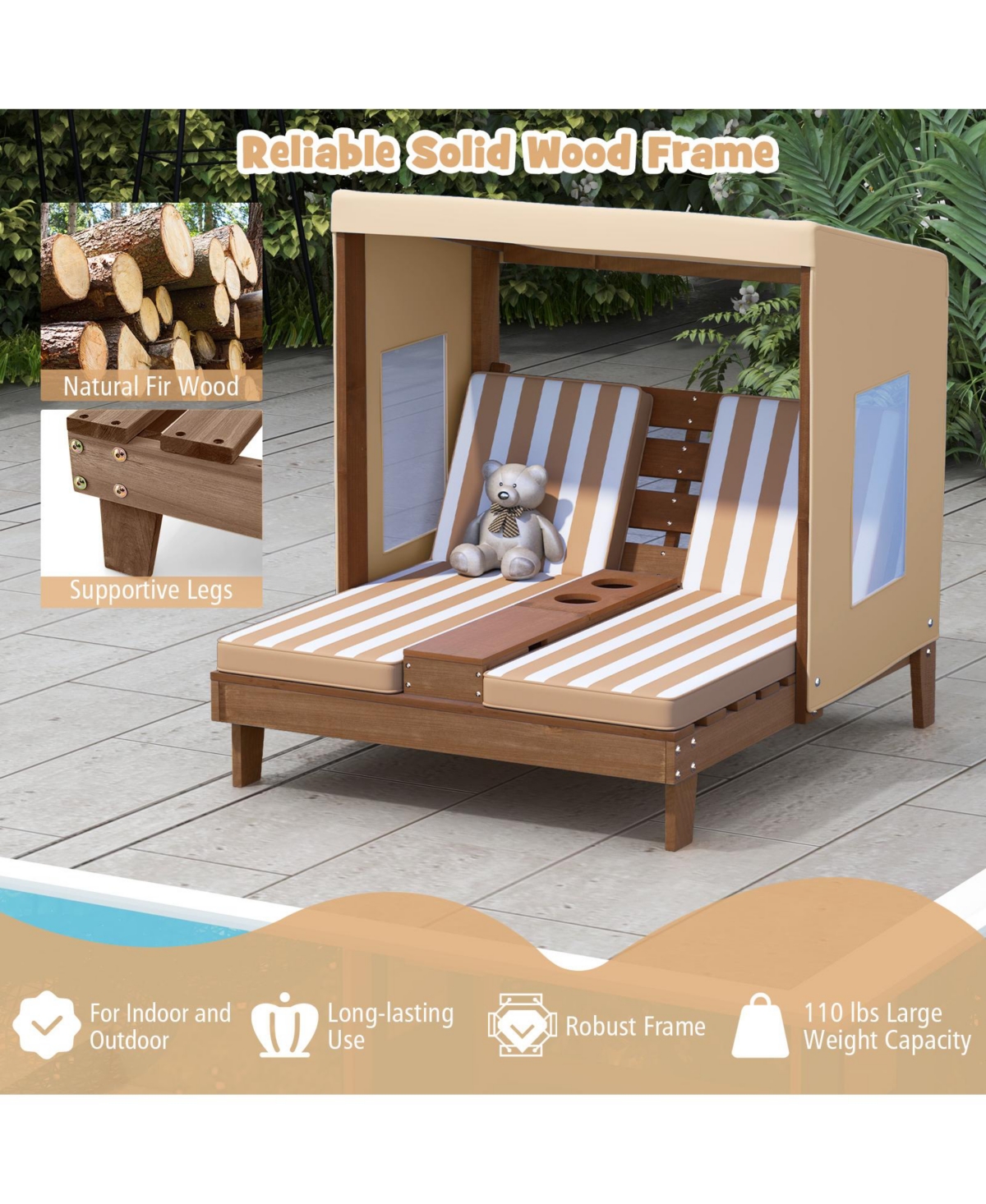 Slickblue Kids Patio Lounge Chair with Cup Holders and Awning