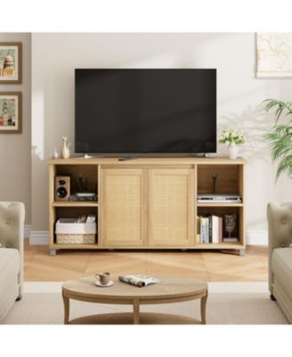 Rattan TV Stand for 70" TV, Entertainment Center with Storage Shelves, Natural Oak Console
