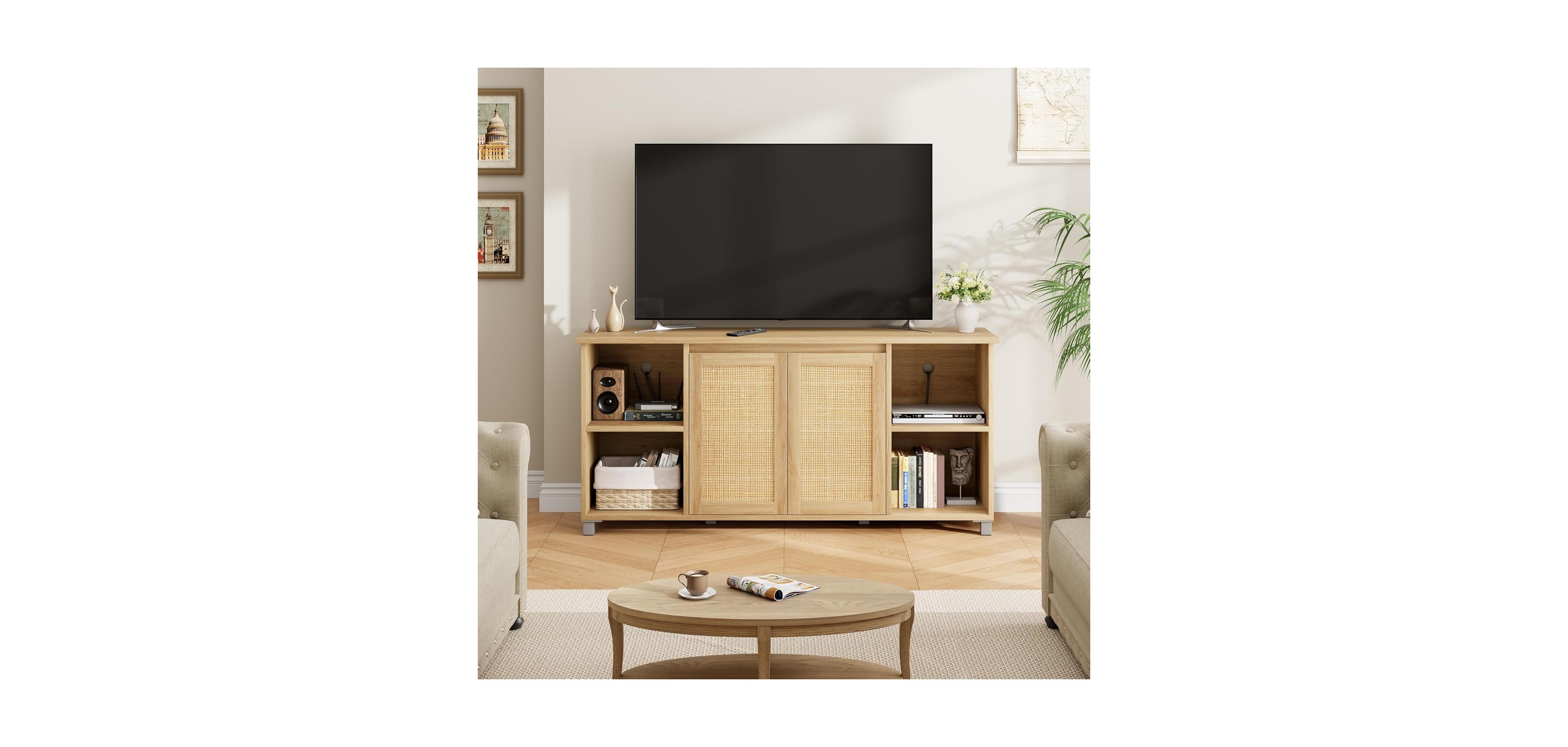 gaomon Rattan Tv Stand for 70" Tv, Entertainment Center with Storage Shelves, Natural Oak Console