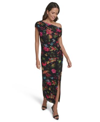 Women's Printed Mesh Asymmetrical Neckline Bodycon Dress