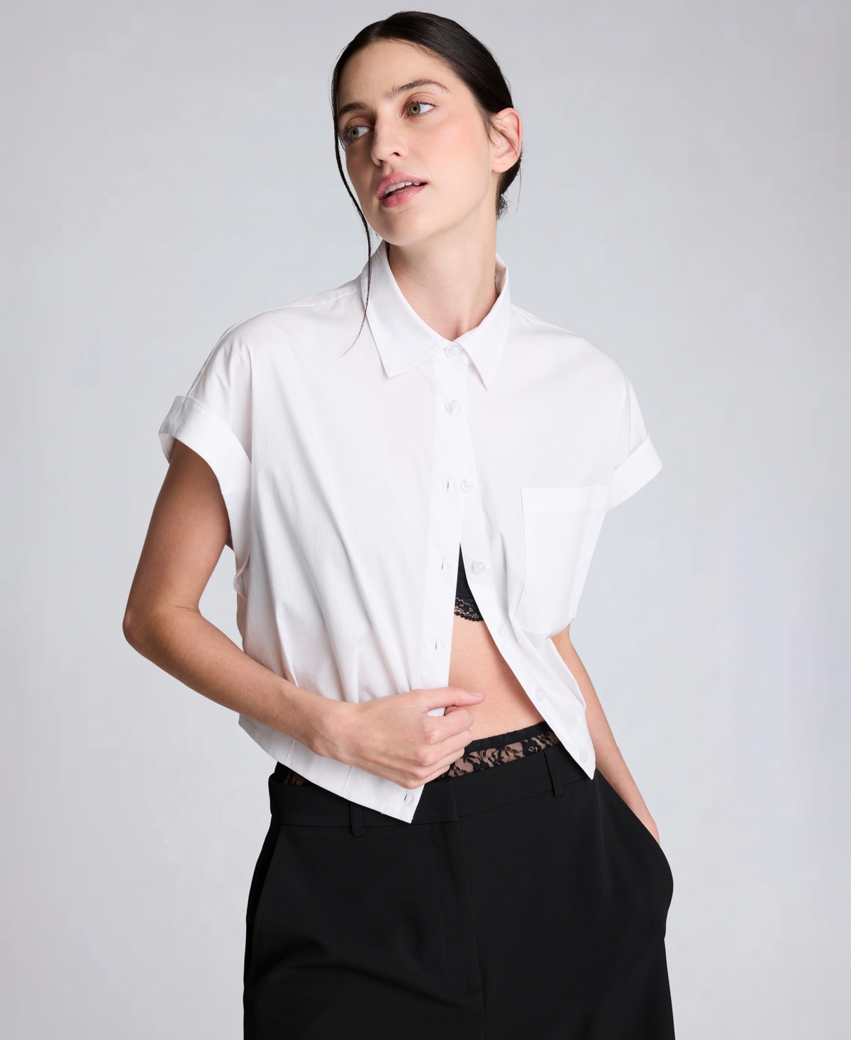 Kenneth Cole Women's Button Front Collared Cropped Shirt