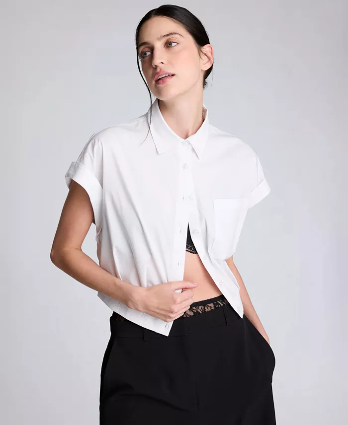 Women's Short-Sleeve Button-Front Collared Cropped Shirt - thumbnail 3