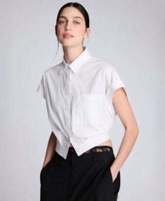 Women's Button Front Collared Cropped Shirt