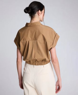 Women's Button Front Collared Cropped Shirt