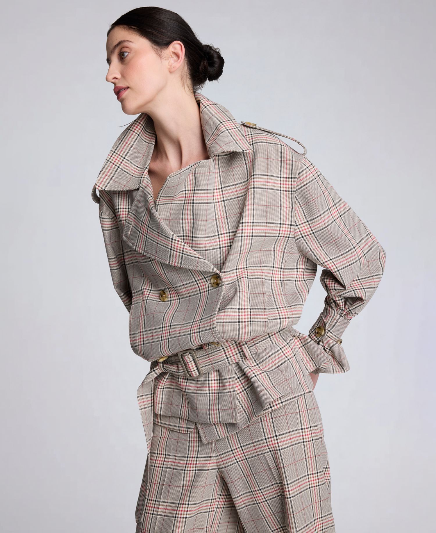 Women's Glen Plaid Button Front Drop Waist Belted Trench Jacket