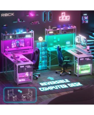 49'' Small L Shaped Desk with Hutch, Reversible Computer Gaming Desk with Outlet and LED Strip