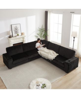  Oversized Corduroy Corner Sofa w/ Storage, USB, Cup-holder (Not Combinable