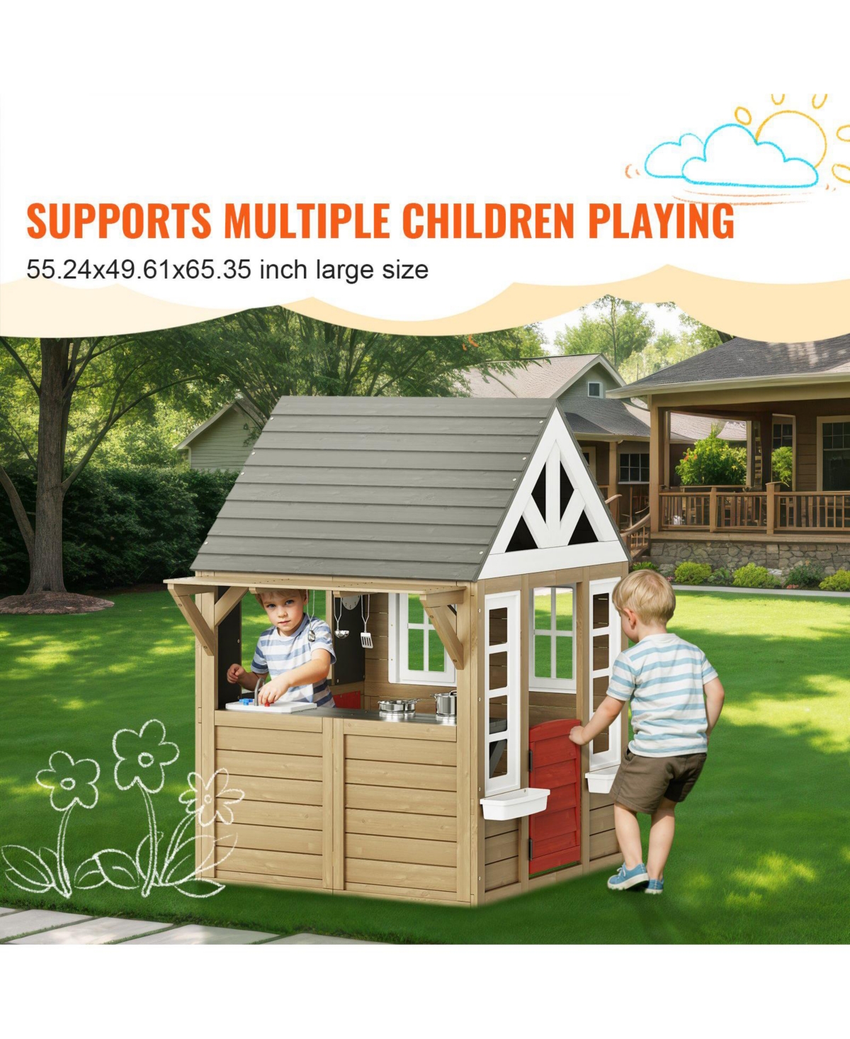 Hongge Wooden Playhouse with Kitchen Set and Cedar Construction for Kids Outdoor Play
