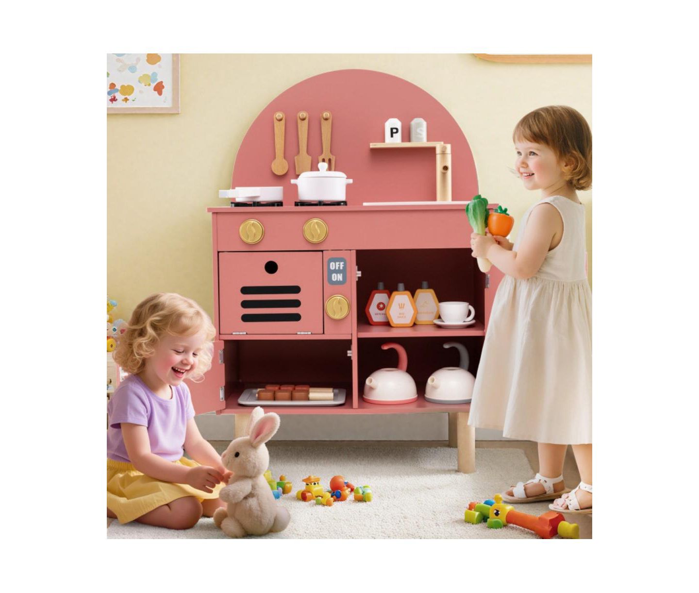 Детские игрушки HONGGE Interactive Cooking Wooden Play Kitchen Set with Built-In Storage, Ages 3+, цвет: Розовый — фото 4