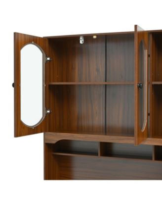 47" Retro Desk with Hutch, Charging, Drawers & Glass-Door Bookshelf, Walnut