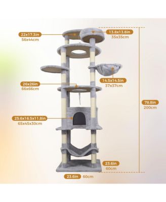 78.8 Light Gray Cat Tree Wide Base Large Condo 12 Sisal Posts Hammock Top Platform Interactive Toy