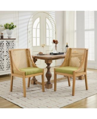 Rattan Dining Chair, Wood Frame, Linen Seat, Rustic Style, Olive Green