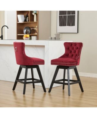 Velvet Barstools, Button Tufted, Wood Legs, Nailhead Trim, Set of 2