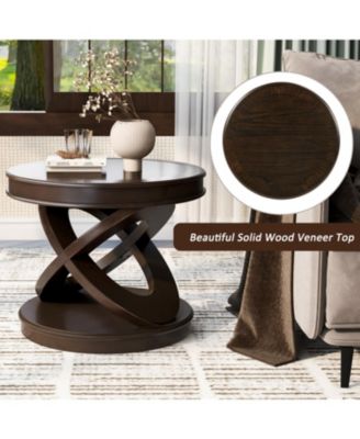 Retro Round Wooden End Table, X-Base, Espresso