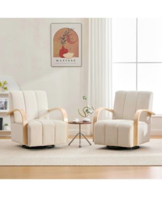 30.7" Swivel Accent Chair - Channel Tufted, Wood Armrests - Beige