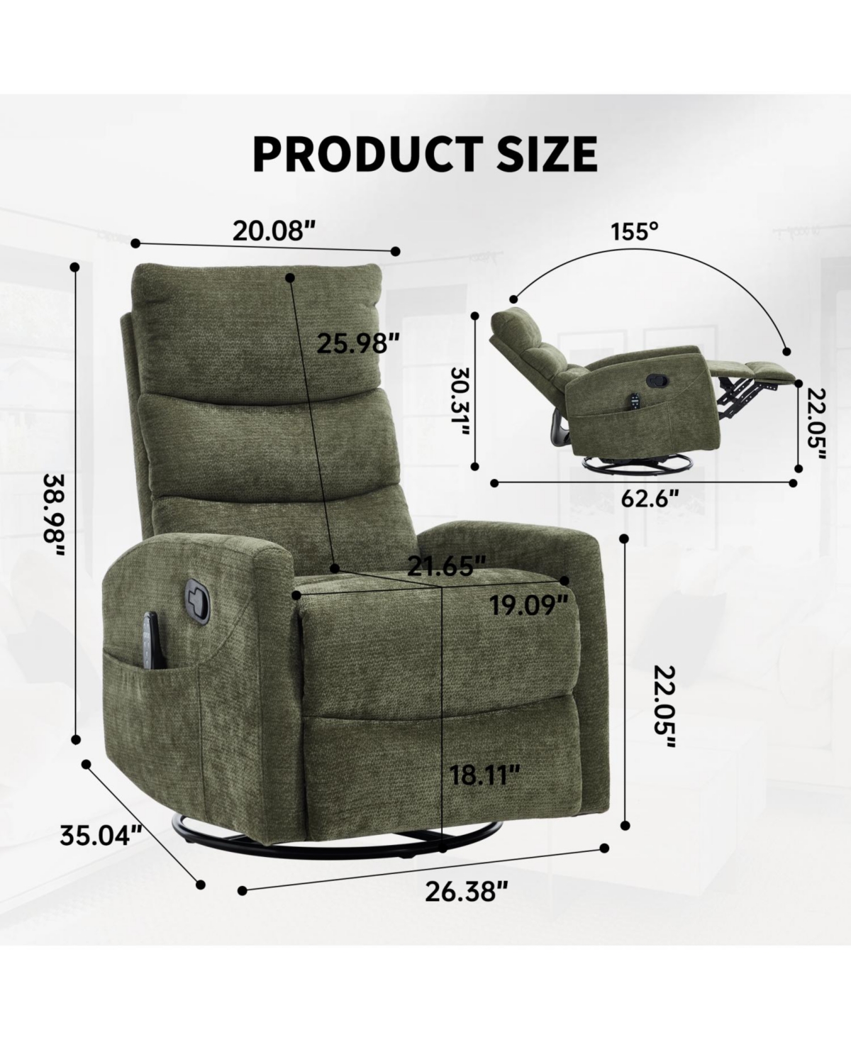 Streamdale Furniture Heat Massage Rocker Recliner Chair, Swivel Fabric