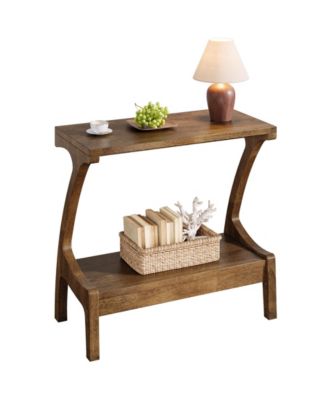 Solid Wood End Table with 2-Tier Storage Shelf, Narrow Side Table for Living Room, Bedroom, Small Spaces