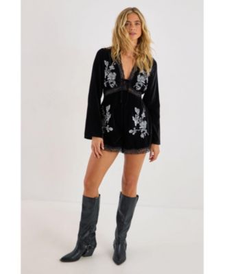 Women's Velvet Embroidered Lace Trim Romper