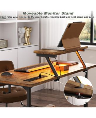 Small Standing Desk with Power Outlets and LED Light, Mobile Lift Top Desk with Monitor Stand
