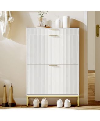 Fluted Shoe Storage Cabinet, Narrow Shoe Organizer with 2 Flip Drawers