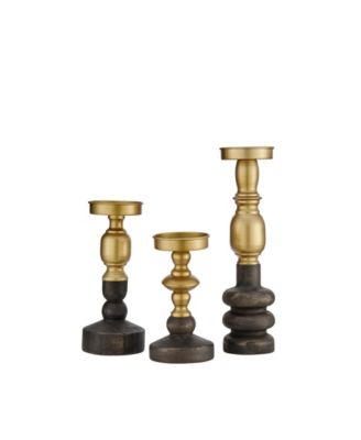 Nara Antique Brass and Vintage Wood Taper Candle Holders - Set of 3