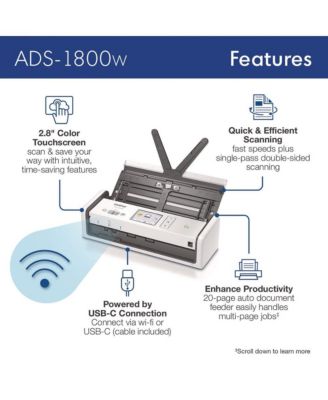 ADS1800W 600 dpi x 600 dpi Optical Resolution 20-Sheet Duplex Auto Document Feeder ADS-1800W Compact Desktop Scanner